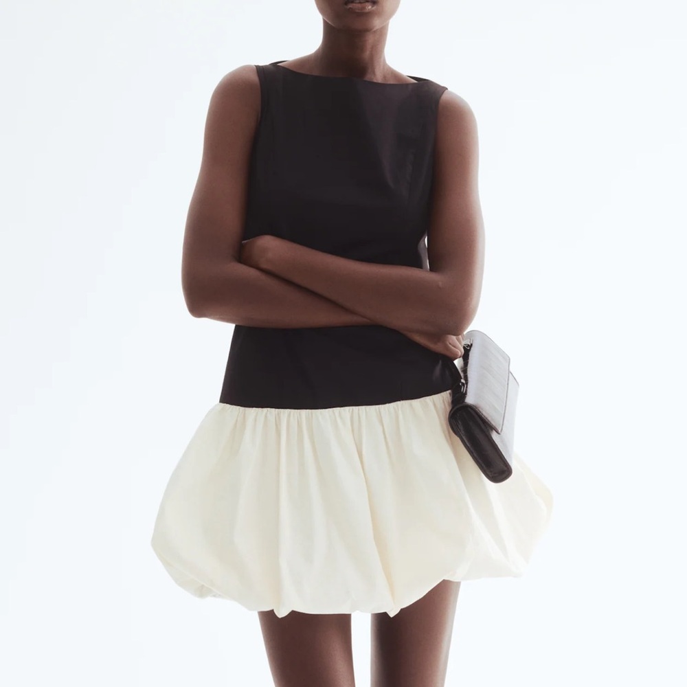 H&M Black & White Drop Waist Bubble Hem Mini Dress Colorblock 100% Cotton - Picture 2 of 7